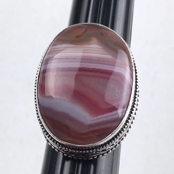 New Botswana Agate Statement Silver Overlay Vintage Style Ring Size 7.5 - Picture 5 of 12
